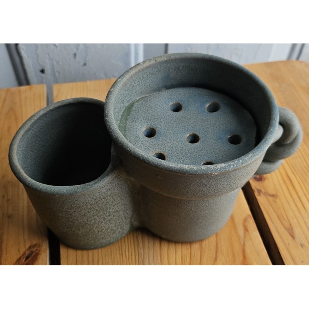 Rare Green/pottery, Double cup,1 with strainer made out of clay all 1 Piece